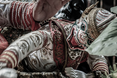 Bangkok, Thailand 07 Aug 2019 : Traditional Puppet of Hanuman in Ramakien or Ramayana Story with thai puppeteers from Ramayana epic story at Baan Silapin (Artist House) in klong bang luang floating market.のeditorial素材