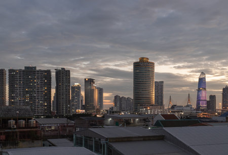 Bangkok, Thailand 15 Dec, 2024 - Evening view after sunset of Skyscrapers in the business district...
