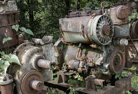 Kanchanaburi, Thailand - Jul 24, 2022 - Rusty metal old machine in abandoned outdoor. Broken and rustic machine left over in abandon, Old machine made of steel and used in the mining industry, Space for text, Selective focus.の写真素材