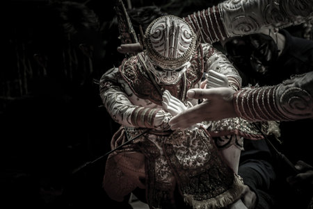 Bangkok, Thailand 07 Aug 2019 : Traditional Puppet of Hanuman in Ramakien or Ramayana Story with thai puppeteers from Ramayana epic story at Baan Silapin (Artist House) in klong bang luang floating market.の写真素材
