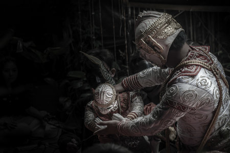 Bangkok, Thailand 07 Aug 2019 : Traditional Puppet of Hanuman in Ramakien or Ramayana Story with thai puppeteers from Ramayana epic story at Baan Silapin (Artist House) in klong bang luang floating market.のeditorial素材