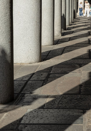 London, UK - May 13, 2025 - The colonnade is defined by a rigorous geometry, where the stout...