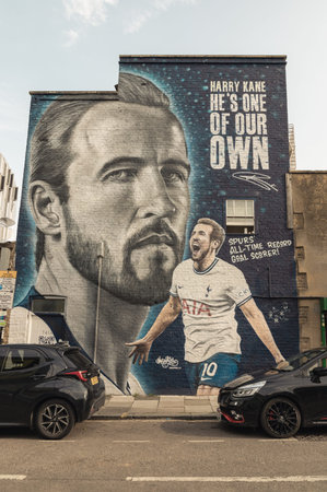 London, UK - Jun 09, 2025 - Towering over a sidewalk opposite Tottenham Hotspur Stadium, this...