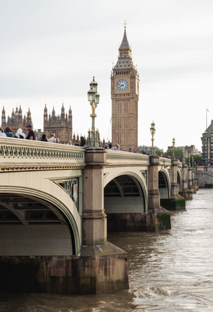 London, UK - May 31, 2025 - striking perspective of Westminster Bridge reveals its elegant, pale...