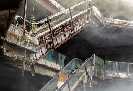 Bangkok, Thailand - 07 Feb 2022 - Enveloped in a ghostly haze, the skeletal, rust-eaten escalators rise through the brutalist ruins like monuments to a forgotten era, where the silence of human abandonment is gently broken by the persistent triumph of reclaiming greenery.