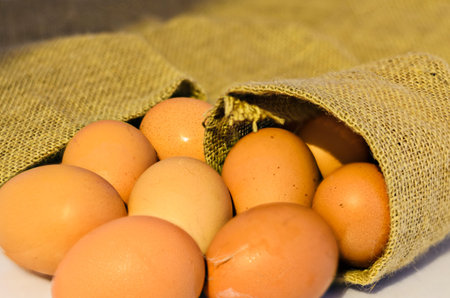 Eggs chicken in hemp sack on white background
