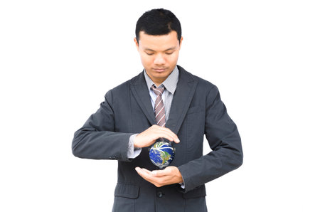 Business man hold earth by global network