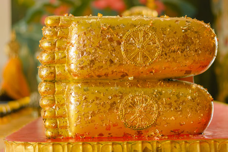 Feet of Buddha on a reclining Buddha statue in Wat Kao-din Thailandの写真素材