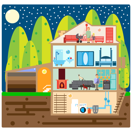 Modern House Interior. Rooms with Furniture. Flat Illustration.のイラスト素材
