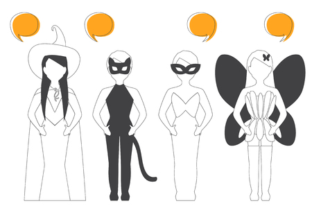Halloween Characters with fairy costumes. Halloween party. Vector Illustration. Isolated on a white. Speech bubbles.のイラスト素材
