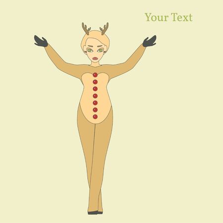 Vector Illustration of cute girl in suit of deer showing something or sign text.のイラスト素材