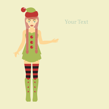 Merry Christmas and Happy New Year 2016. Year of the Monkey. Vector Illustration of Elf Cartoon Character. Cute Santa Helper.のイラスト素材