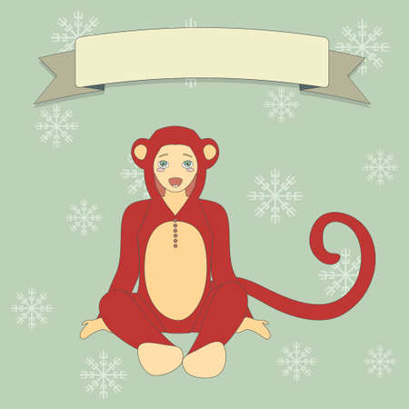 Illustration of cute little boy in suit of a monkey. Happy New Year Background.のイラスト素材