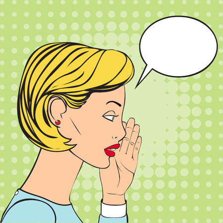 The Blonde Woman whispering a secret. Vector Illustration in retro style. Speech Bubble for the text.のイラスト素材