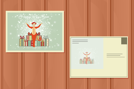 Christmas Postcard. Vector illustration of a Cute Girl in suit of a Red Monkey. New Year Background.のイラスト素材