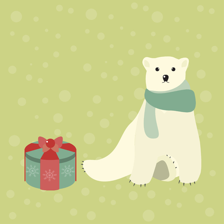 Vector illustration of a cute polar bear with a personal Christmas gift. Christmas background.のイラスト素材