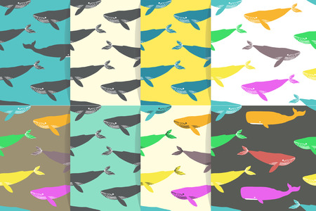 Seamless patterns with marine animals. Blue whales and sperm whales. Vector illustration.のイラスト素材