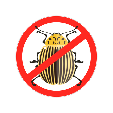 Vector illustration of a colorado beetle. Red Prohibition sign. Isolated on a white background.のイラスト素材