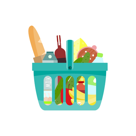 Shopping basket with foods. Vector illustration.のイラスト素材