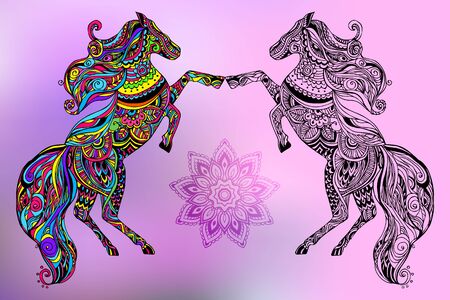 Hand drawn greeting card ornament illustration concept. Lace  design. Vector decorative banner of card or invitation design Vintage traditional, horse, animal, arabic, indian, ottoman motifs, elements.のイラスト素材