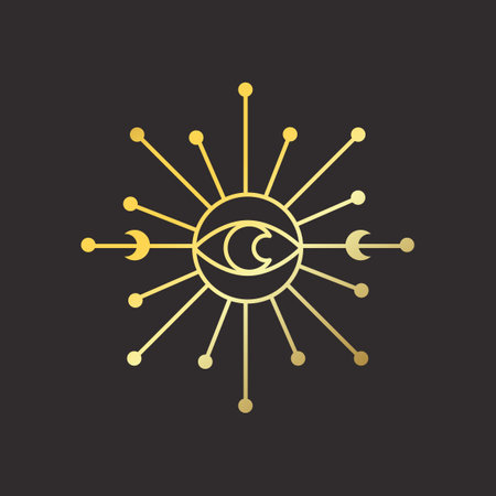 Moon Sun gold Mystical logo. Vector Illustration. Minimalist Line art Style. Boho, Esoteric. Bohemian Logo Designs.のイラスト素材
