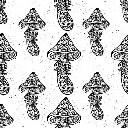 Magic Mushrooms. psychedelic pattern. Vector illustration. Zen art. Decorative mushrooms, hippie, esoteric mystical objects 60s 70sのイラスト素材