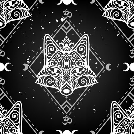 Fox mandala ornament. Vector illustration. Flower Ethnic drawing. Fox animal in Zen boho style. Boho, hippie patternのイラスト素材