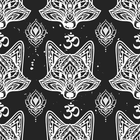 Fox mandala ornament Om sign. Vector pattern illustration. Flower Ethnic drawing. Fox animal nature in Zen boho style. Coloring page black and whiteのイラスト素材