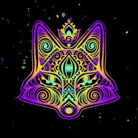 Fox mandala head psychedelic. Vector illustration. Colorful Ethnic drawing. Fox animal in Zen boho style. For party hippie, hallucination psilocybin 60s, 70sのイラスト素材