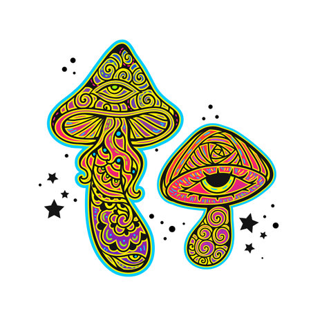 Psychedelic Magic Mushrooms. Vector illustration. Zen art. Decorative mushrooms, hippie, hallucination psilocybin 60s 70sのイラスト素材