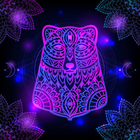 Bear space. Psychedelic pattern. Vector illustration. Zen Boho art. Decorative mystical, hippie, hallucination psilocybin 60s 70sのイラスト素材