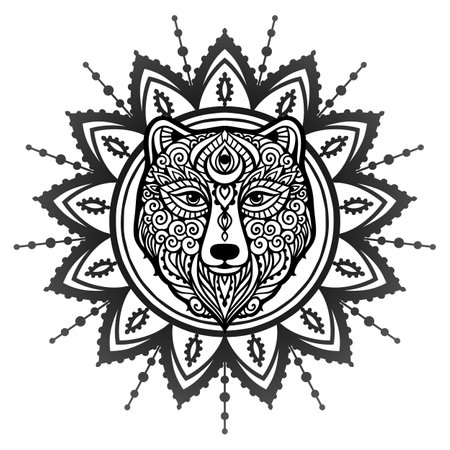 Bear mandala ornament. Vector illustration. Flower Ethnic drawing. Bear animal nature in Zen boho style. Coloring page black and whiteのイラスト素材