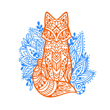 Fox in ornament. Vector illustration Mandala. Flower Ethnic drawing. Decorative Fox animal in Zen boho style. Boho, hippie for decorationのイラスト素材
