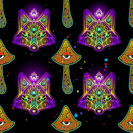 Fox mandala head psychedelic. Vector illustration. Colorful Ethnic drawing. Fox animal in Zen boho style. For party hippie, hallucination psilocybin 60s, 70sのイラスト素材