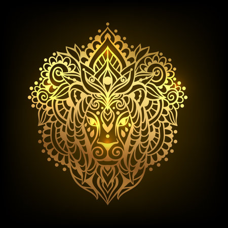 Lion mandala ornament. Vector illustration. Flower Ethnic drawing. Lion animal in Zen boho style. Coloring page, Leo zodiac, Astrologyのイラスト素材