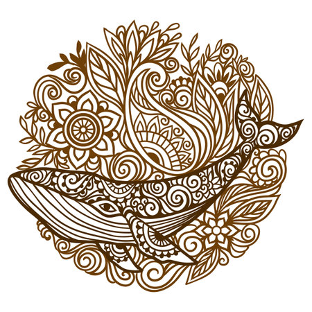 Whale mandala. Vector illustration. Adult coloring page. Whale sea animal in Zen boho style. Sacred, Peaceful. Tattoo henna printのイラスト素材