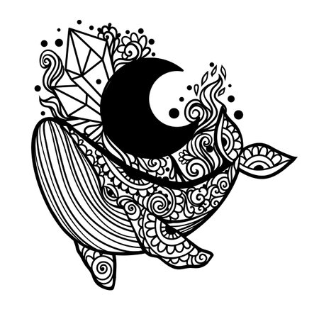 Whale mandala. Vector illustration. Adult coloring page. Whale sea animal in Zen boho style. Peaceful marine. Mystical and Spiritual artのイラスト素材