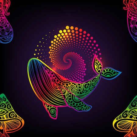Whale mandala. Vector illustration. Adult coloring page. Whale sea animal in Zen boho style. Peaceful marine. Mystical psychedelic art, Optical illusionのイラスト素材