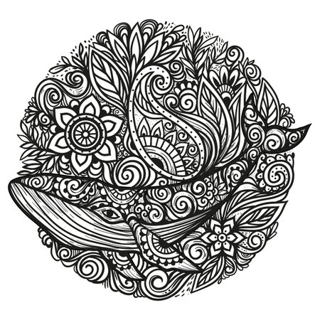 Whale mandala. Vector illustration. Adult coloring page. Whale sea animal in Zen boho style. Sacred, Peaceful. Tatoo henna printのイラスト素材