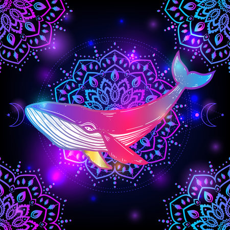 Whale mandala psychedelic. Vector illustration. Colorful Psychedelic art. Whale sea animal in Zen boho style. Hippie, hallucination. Space cosmic mystical patternのイラスト素材