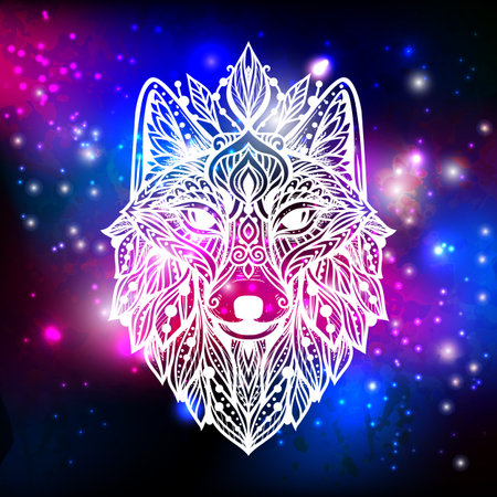 Wolf mandala. Vector illustration. Spiritual Animal in Zen boho style. Psychedelic mystical space...