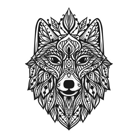 Wolf mandala. Vector illustration. Adult coloring page. Spiritual Animal in Zen boho style. Sacred, Peaceful. Tattoo tribal print. Black and whiteのイラスト素材