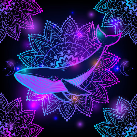 Whale mandala psychedelic. Vector illustration. Colorful Psychedelic art. Whale sea animal in Zen boho style. Hippie, hallucination. Space cosmic mystical patternのイラスト素材