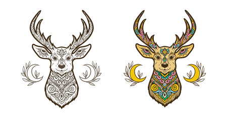 Deer mandala. Animal Vector illustration. Adult or kids coloring book page in Zen boho style. Antistress Peaceful drawing. Black and whiteのイラスト素材