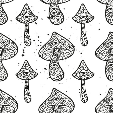 Magic Mushrooms mandala. Psychedelic pattern. Vector illustration. Zen Boho art. Decorative mushrooms, hippie, hallucination psilocybin 60s 70sのイラスト素材