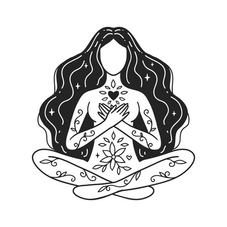 Self care, Meditation girl yoga. Feminine vector Illustrations. Mental Healthcare. The woman happiness. Card, valentines card. Doodle styleのイラスト素材