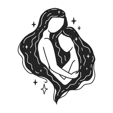 Girls hugs. Self care Feminine vector Illustrations. Mental Healthcare. The woman harmony. Card, valentines card, Womens Day, Mothers Day. Doodle styleのイラスト素材
