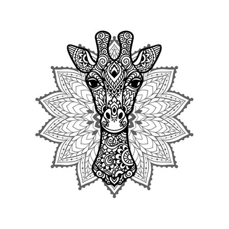 Giraffe mandala. Vector illustration. Adult coloring page. Whale sea animal in Zen boho style. Sacred, Peaceful. Tattoo print ornaments. Zoo logoのイラスト素材