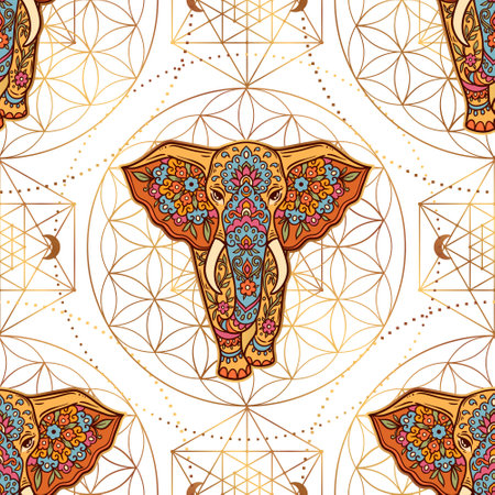 Elephant mandala Pattern Retro. Animal Vector illustration Ornamental flower in Zen boho style. Retro Magic drawing with sacred geometryのイラスト素材