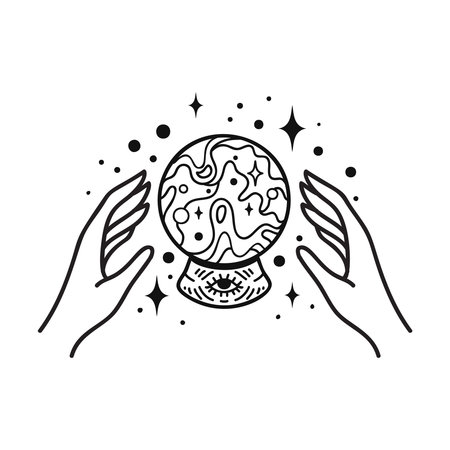 Hand linear vector design, hand drawn celestial boho logo or emblem. Magic Symbol for decoration cosmetics, market and packaging or beauty productsのイラスト素材